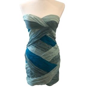 BeBe Y2K vintage bondage aqua-blue strapless fabric wrap mini 100% silk dress